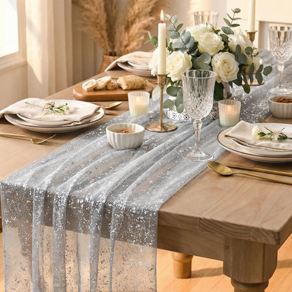 Artoid Mode Beige Gold Gauze Table Runner 120 Inch 10FT, Glitter Metallic Foil Sheer Dining Wedding Anniversary Holiday Birthday Table Decor for Home Party