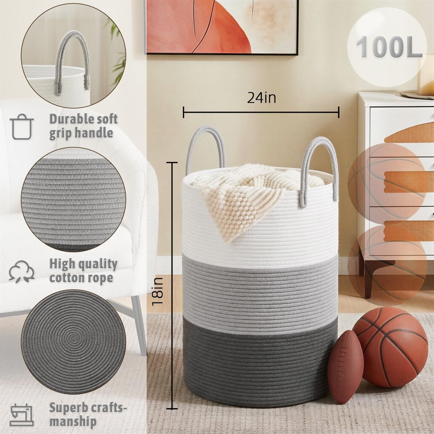 Artfeel Laundry Basket,Woven Cotton Rope Laundry Hamper,60L for Decor Storage of Dirty Clothes,Toys and Blankets in Bathroom,Baby Room and Living Room