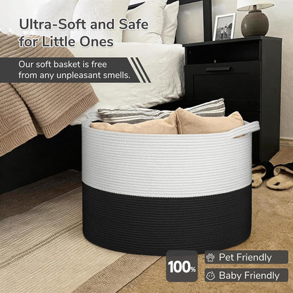 INDRESSME XXXLarge Blanket Basket for Living Room 21.7" x 21.7" x 13.8"-Storage Basket with Handle for Organizing Toy Pillows Woven Cotton Rope Laundry Basket Stuffed Animal Toy Storage for Play Room