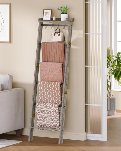Hzuaneri Blanket Ladder Shelf, Decorative Quilt Rack, 6-Tier Farmhouse Ladder Holder Organizer with 4 Removable Hooks 7.9" D x 17.3" W x 63.4" H, Rustic Brown BR35801B