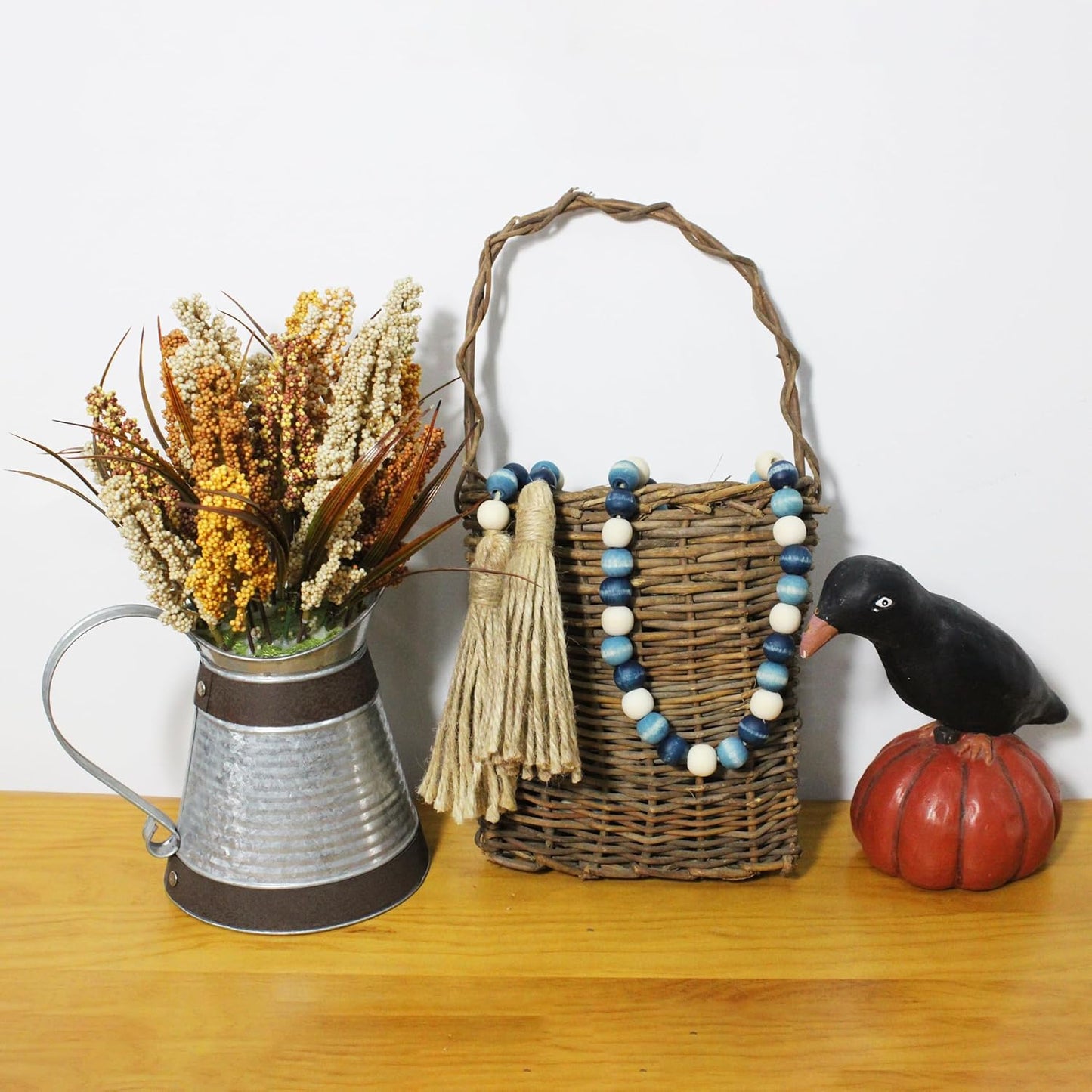 CVHOMEDECO. Wood Beads Garland with Tassels Farmhouse Rustic Wooden Prayer Bead String Wall Hanging Accent for Home Festival Decor. Mix Distressed