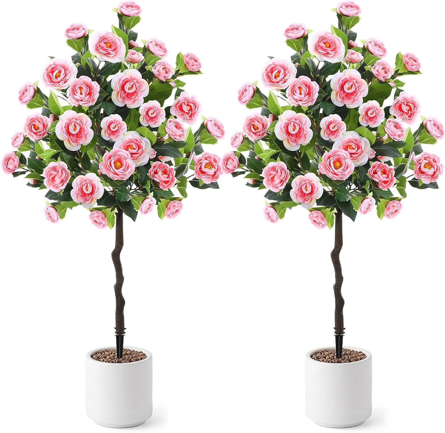 Lunmon 2 Pack 3ft Artificial Camellia Plants Tree 36" Faux Camellia Flower with Spike UV Resistant Realistic Fake Floral Blooming Bush for Indoor Outdoor Front Door Porch Backyard Garden, Purple