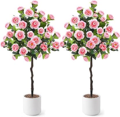 Lunmon 2 Pack 3ft Artificial Camellia Plants Tree 36" Faux Camellia Flower with Spike UV Resistant Realistic Fake Floral Blooming Bush for Indoor Outdoor Front Door Porch Backyard Garden, Purple