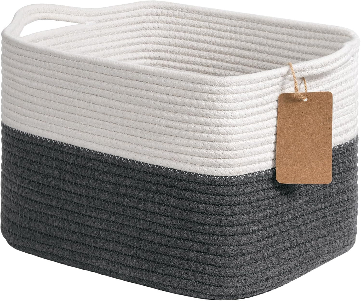 Goodpick Woven Storage Basket, Cotton Rope Basket for Dog Toys, Books, Stylish Gift Basket with Handles, 13 x 10 x 9 Inches Square Baskets for Organizing, Brown and White