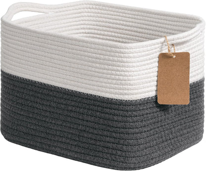 Goodpick Woven Storage Basket, Cotton Rope Basket for Dog Toys, Books, Stylish Gift Basket with Handles, 13 x 10 x 9 Inches Square Baskets for Organizing, Brown and White