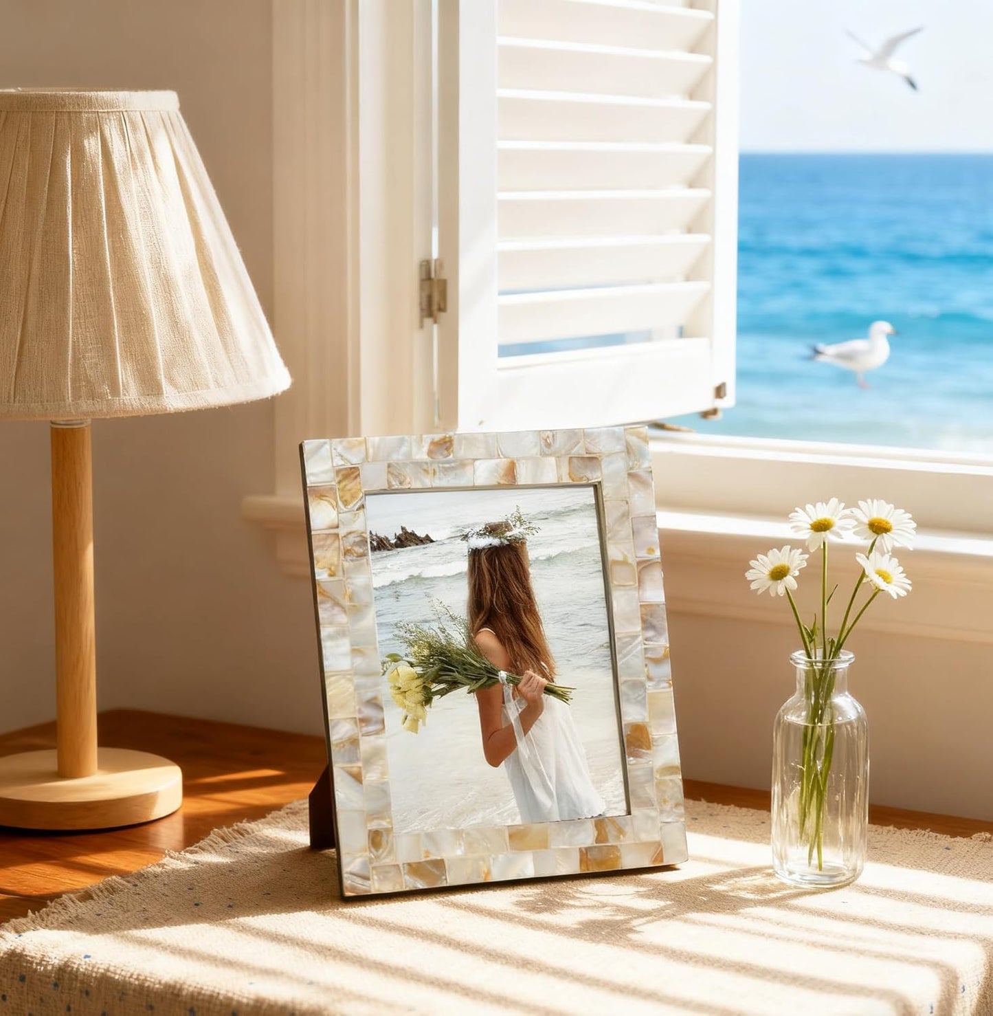 Silver Plate Picture Frame 5x7 Mother of Pearl 5 by 7 Photo Frame Mosaic Glass Tabletop Frame (Grey+ White,1pc)
