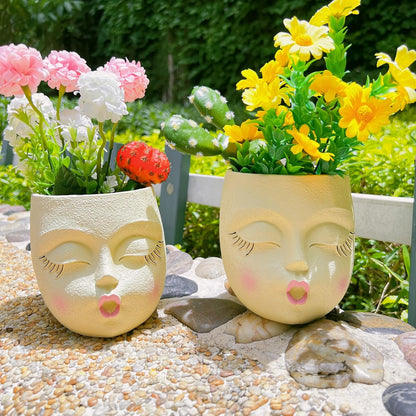 Handmade Face Flower Pots Standing Air Kiss Head Planter Pot for Trailing Plants Cute Succulent Planter Resin Planters Funny Face Planters with Anti-Friction Pads White 1Pack