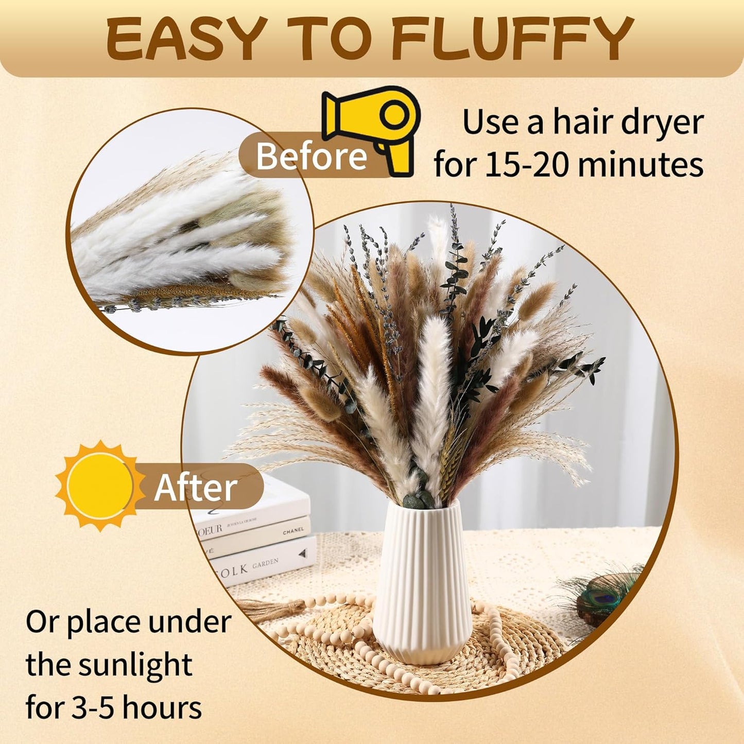 Bpole Dried Pampas Grass Bouquet - 92 Pcs 11-13 inch Pampas Grass Decor with Bunny Tails,Eucalyptus & Lavender Dried Boho Flowers for Vase Wedding Home Table Decor,Rustic Farmhouse Party