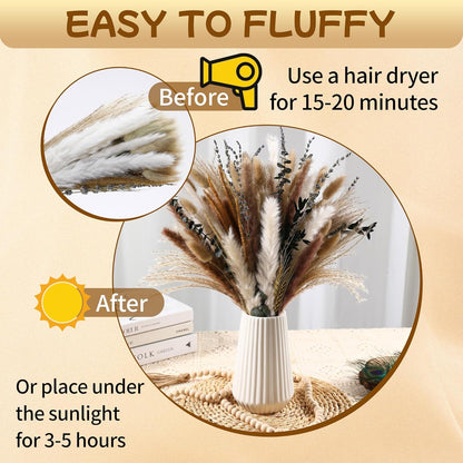 Bpole Dried Pampas Grass Bouquet - 92 Pcs 11-13 inch Pampas Grass Decor with Bunny Tails,Eucalyptus & Lavender Dried Boho Flowers for Vase Wedding Home Table Decor,Rustic Farmhouse Party