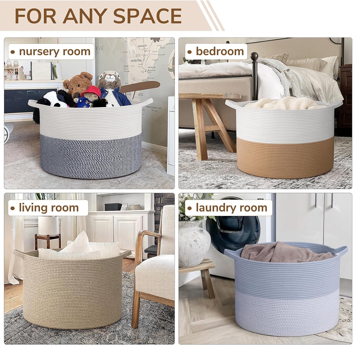 INDRESSME XXXLarge Blanket Basket for Living Room 21.7" x 21.7" x 13.8"-Storage Basket with Handle for Organizing Toy Pillows Woven Cotton Rope Laundry Basket Stuffed Animal Toy Storage for Play Room