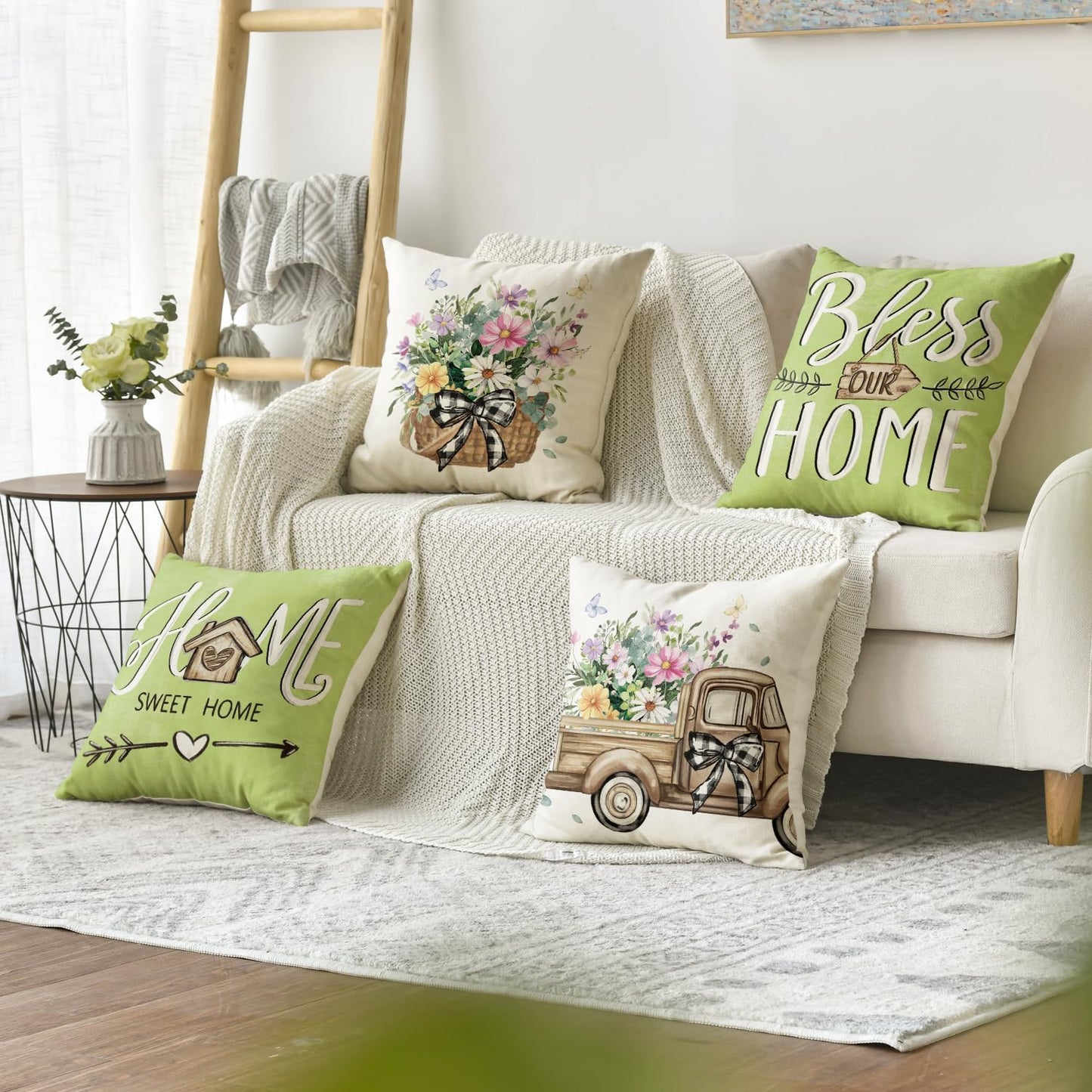 AVOIN colorlife Bless Our Home Farmhouse Eucalyptus Leaves Throw Pillow Covers, 18 x 18 Inch Truck Home Sweet Home Cushion Case Decorations Set of 4