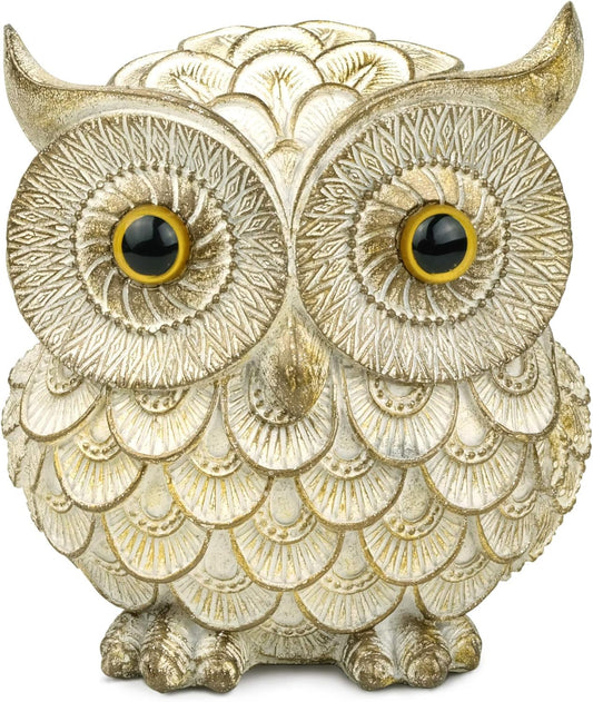 Garwor Retro Owl Statue for Home Decor, 6" Vintage Gold Resin Owl Figurine with Artistic Raised Feathers, Cute Bird Sculpture for Bookshelf Mantle Tabletop Decoration, Gift for Owl Lovers
