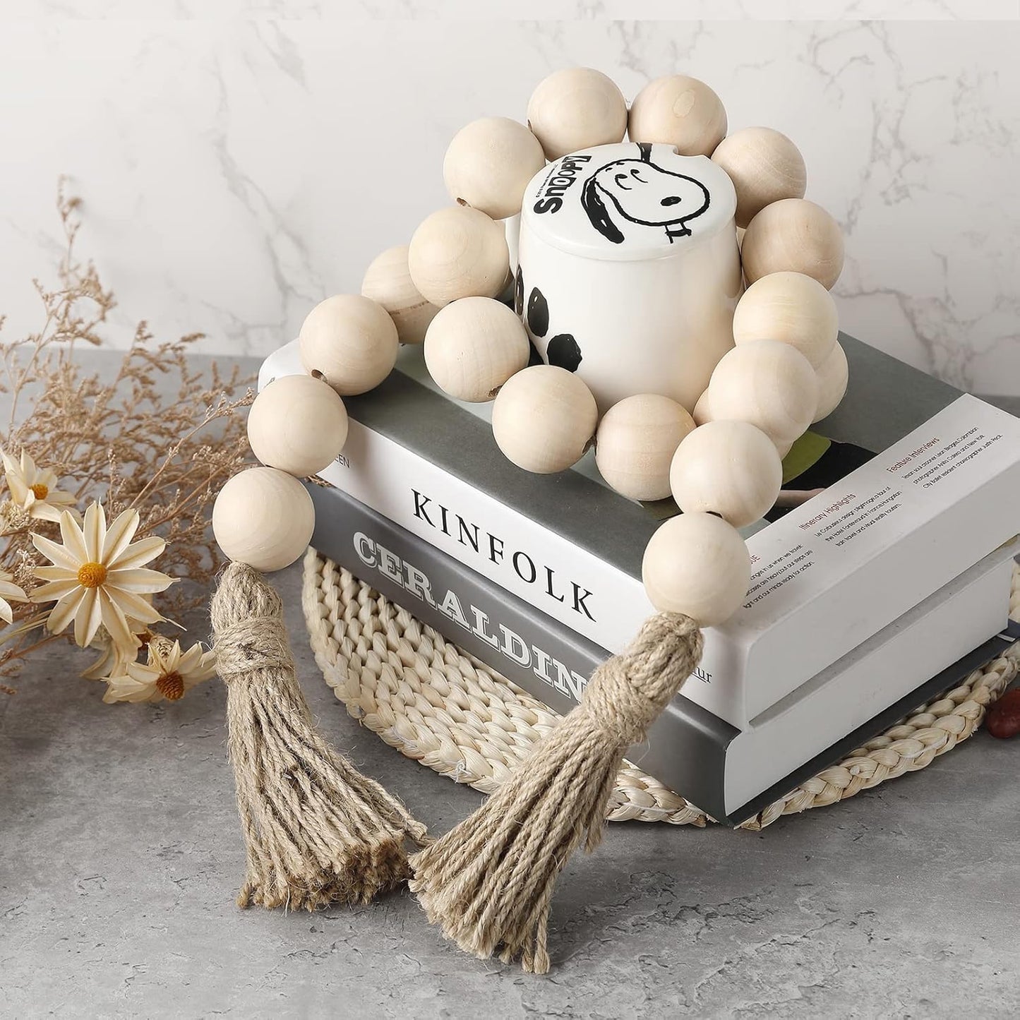 Farmhouse Decor Large Wood Bead Garland 50inch long with 1.6" Diameter beads, Natural Wooden Beads Decor with Tassels Decorative Boho Country Decoration for Coffee Table Home Tiered Tray Wall Hanging