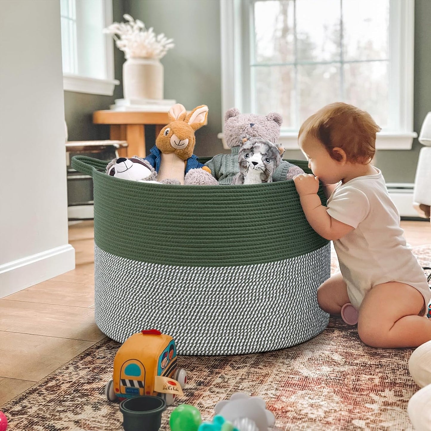 INDRESSME XXXLarge Blanket Basket for Living Room 21.7" x 21.7" x 13.8"-Storage Basket with Handle for Organizing Toy Pillows Woven Cotton Rope Laundry Basket Stuffed Animal Toy Storage for Play Room