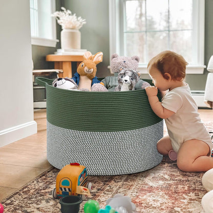 INDRESSME XXXLarge Blanket Basket for Living Room 21.7" x 21.7" x 13.8"-Storage Basket with Handle for Organizing Toy Pillows Woven Cotton Rope Laundry Basket Stuffed Animal Toy Storage for Play Room