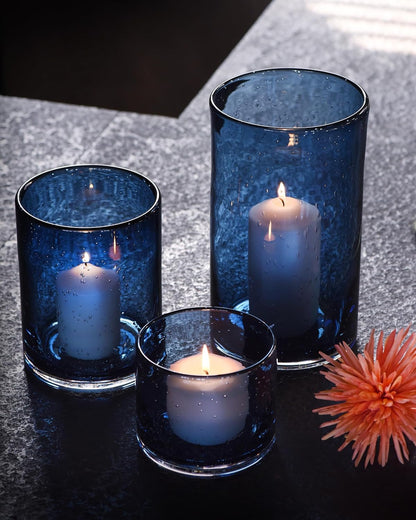 Hurricane Candle Holders for Pillar Hand Blown Glass Cylinder Vases Table Centerpiece Bulk Room Decor Clear Seeded Bubbles Living Dining Kitchen Island 10" 7" 4" Set of 3