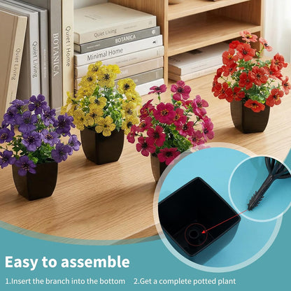 LOYWREE 4 Pack Small Artificial Mums Flowers in White Pots, Fake Mini Potted Plants, Spring Floral Decor for Home Bathroom Shelves Office Desk Table Centerpiece Indoor Decoration