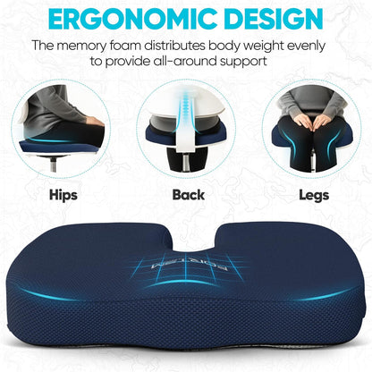 FORTEM Seat Cushion, Office Chair Cushion, Memory Foam Car Seat Cushions, Sciatica Coccyx Tailbone Pain Relief, Chair Cushions for Back Support, Sitting Pad for Gaming, Washable Cover, Non Slip