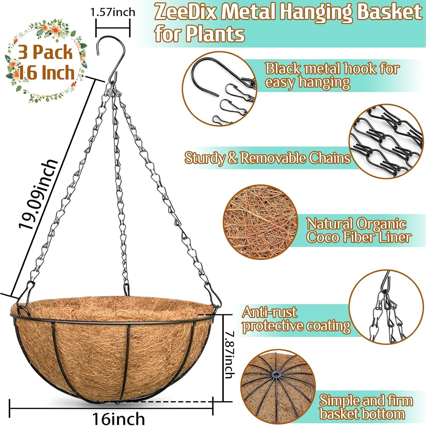 ZeeDix 2 Pack 14 Inch Hanging Baskets for Plants Outdoor, Metal Wire Round Planters with Coco Liner, Hanging Flower Baskets for Home Garden Porch Balcony Railings Decor