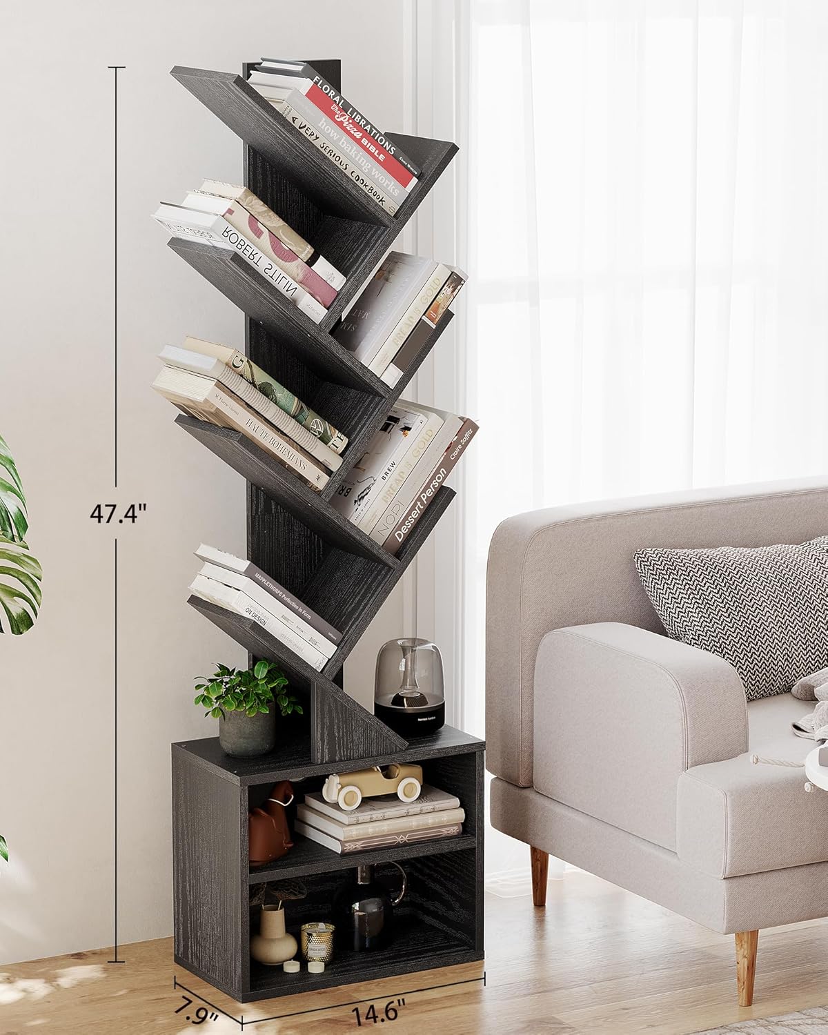 SUNMORY 6 Tier Tree Bookshelf, Small Bookcase with Storage Cabinet, Modern Tall Narrow Bookshelves Organizer, Floor Standing Book Shelf for Bedroom/Living Room/Home Office/Corner, Rustic Brown