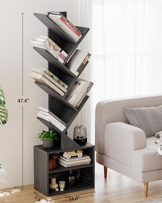SUNMORY 6 Tier Tree Bookshelf, Small Bookcase with Storage Cabinet, Modern Tall Narrow Bookshelves Organizer, Floor Standing Book Shelf for Bedroom/Living Room/Home Office/Corner, Rustic Brown