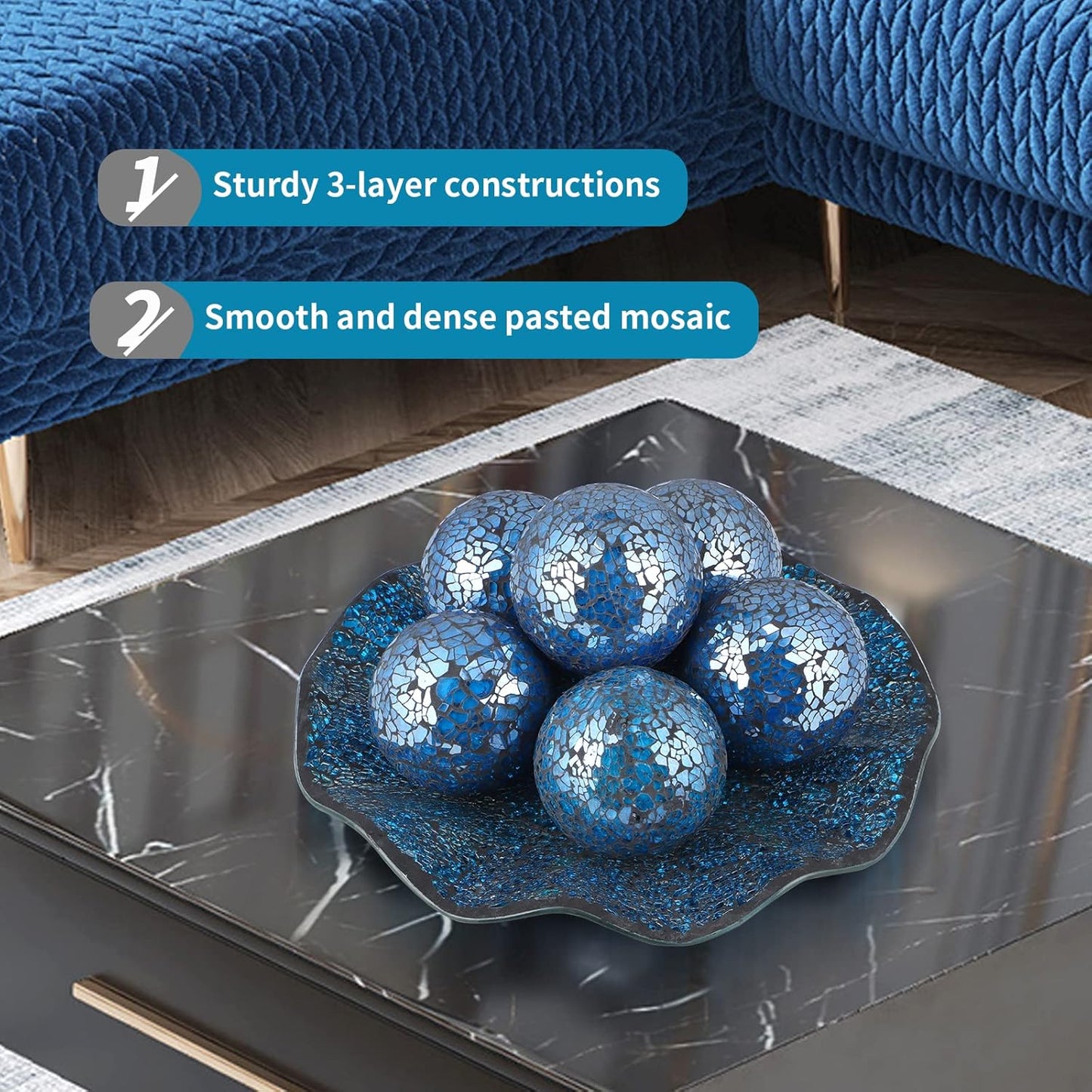MDLUU 6 Pcs Mosaic Sphere Balls-Diameter 3 in, Decorative Orbs, Centerpiece Balls for Bowls, Vases, Dining Table Decor, Turquoise Blue