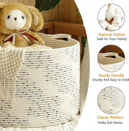 KAKAMAY Large Blanket Basket (20"x13"),Woven Baskets for storage Baby Laundry Hamper, Cotton Rope Blanket Basket for Living Room, Laundry, Nursery, Pillows, Baby Toy chest (White/Brown)
