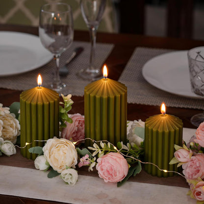 3 Pack White Ribbed Pillar Candles - Soy Wax Unscented, 2.76" x4.2/4.9/5.9 in Smokeless Non Toxic Cotton Wick, Aesthetic Modern Candles for Home Decor, Dinner Table, Living Room, Housewarming Gift