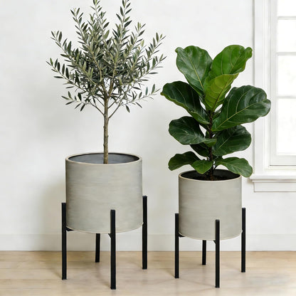 ARNIS Modern Plant Pots, Set of 2 Large Planters with Stand, Decorative Planters, Metal Pots with Drainage Holes for Living Room, Office, Garden or Balcony, 8.25 &10.5 Inch, Dirt