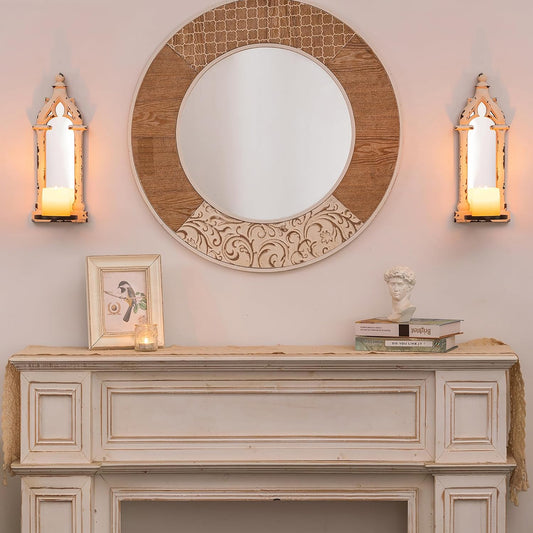 Candle Sconces Farmhouse Wall Decor - Black Gothic Dark Mirror Wall Candle Holder for Halloween Art Decorations - Wood Rustic Candles Sconce Set of 2 for Livingroom Fireplace