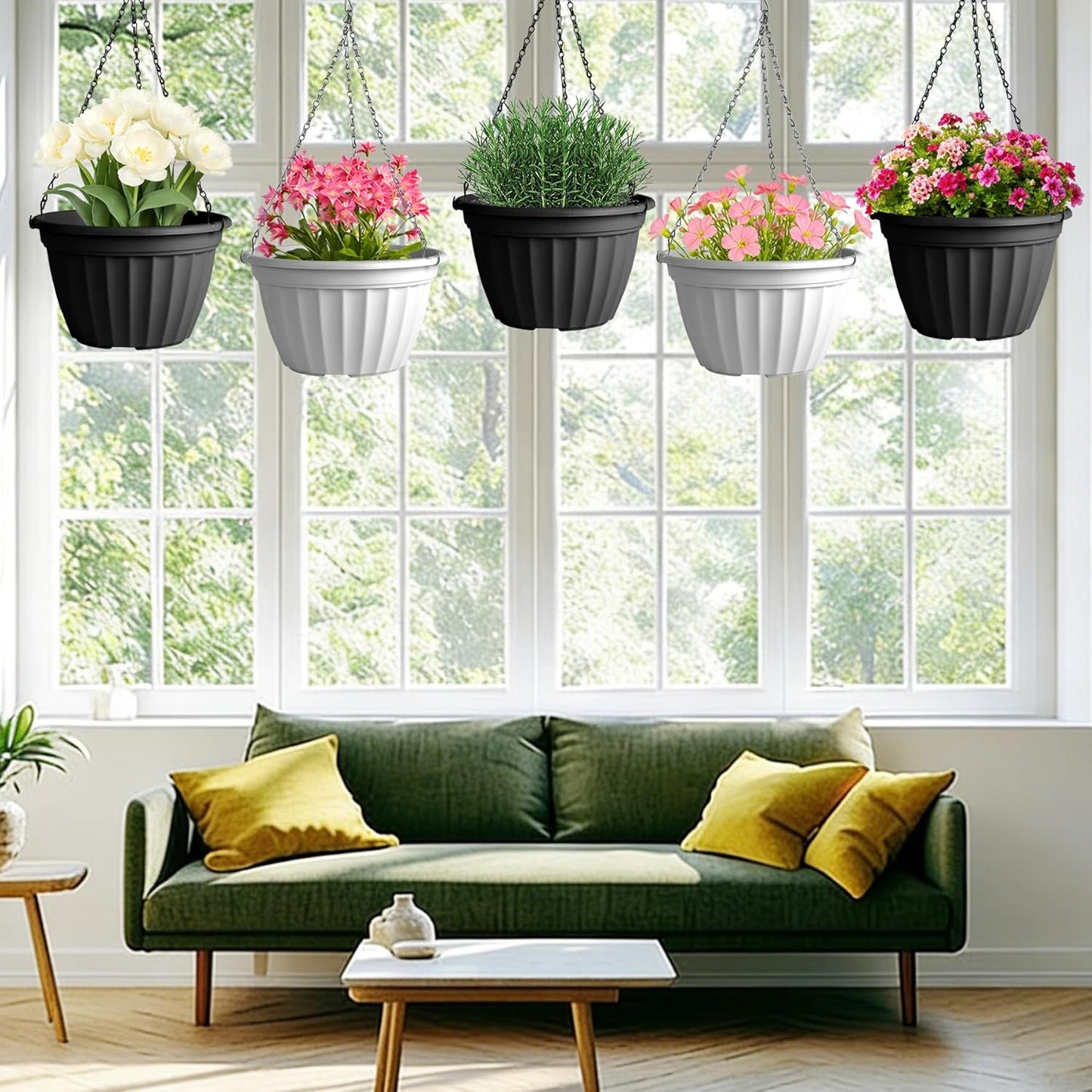 FGstyle Hanging Planters 10 Inch, 4 Pcs Self Watering Pots for Indoor Plants,Plastic Hanging Basket with Soil Elevator and 20" Chain for Home Garden Porch Balcony Patio Decor(Black)