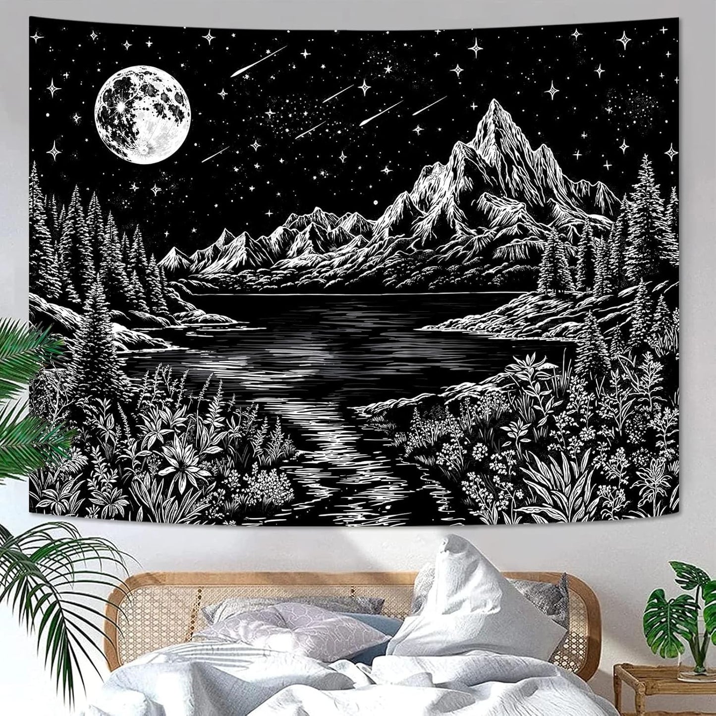 Zussun Black and White Tapestry Starry Night Mountain Tapestries for Bedroom Aesthetic Moon and Stars Tapastry's Wall Hanging Dark Nature Forest Wall Tapestry for Living Room Dorm (48'' × 36'')