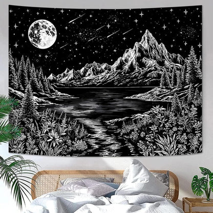 Zussun Black and White Tapestry Starry Night Mountain Tapestries for Bedroom Aesthetic Moon and Stars Tapastry's Wall Hanging Dark Nature Forest Wall Tapestry for Living Room Dorm (48'' × 36'')