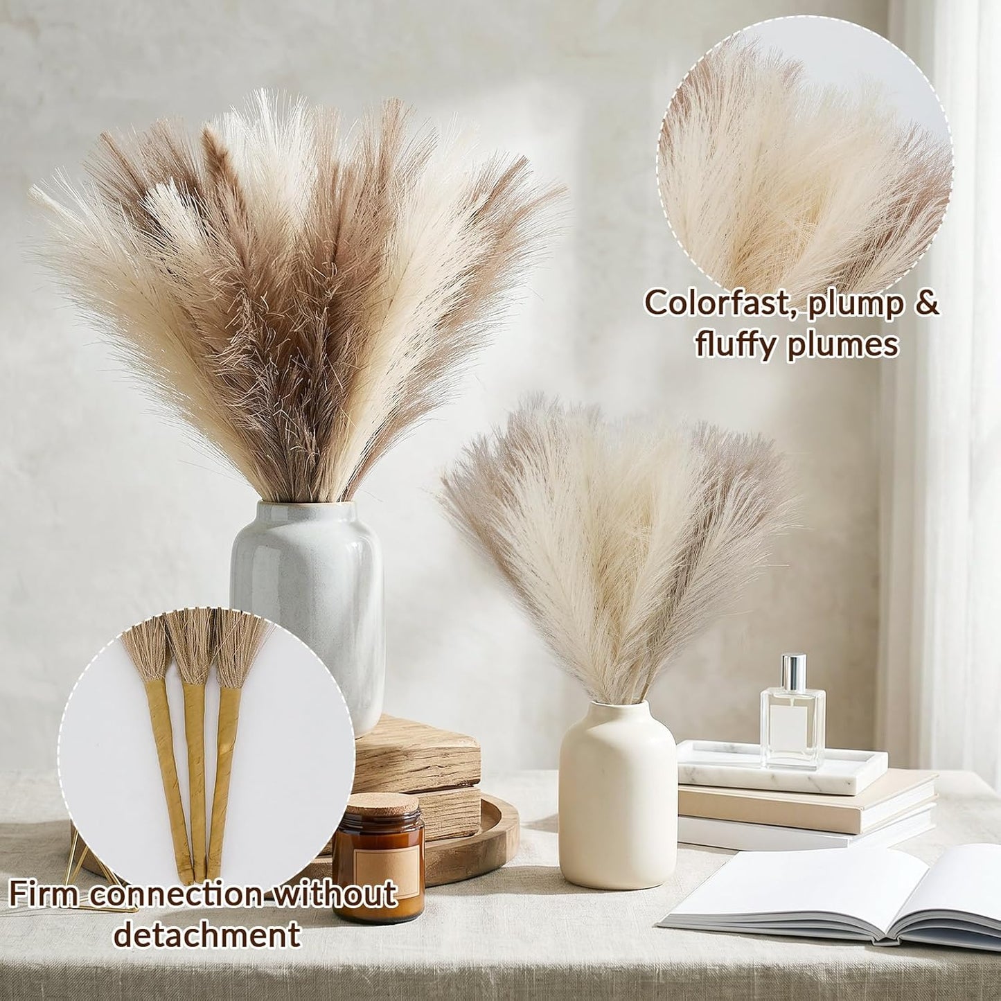 30pcs Pampas Grass Decor,21" Artificial Pompous Grass Bulk,Small Vase Filler Pompas Grass for Home Wedding Living Room Wall Party Decoration (Beige,Light Brown, 21 Inch 30 Pcs)