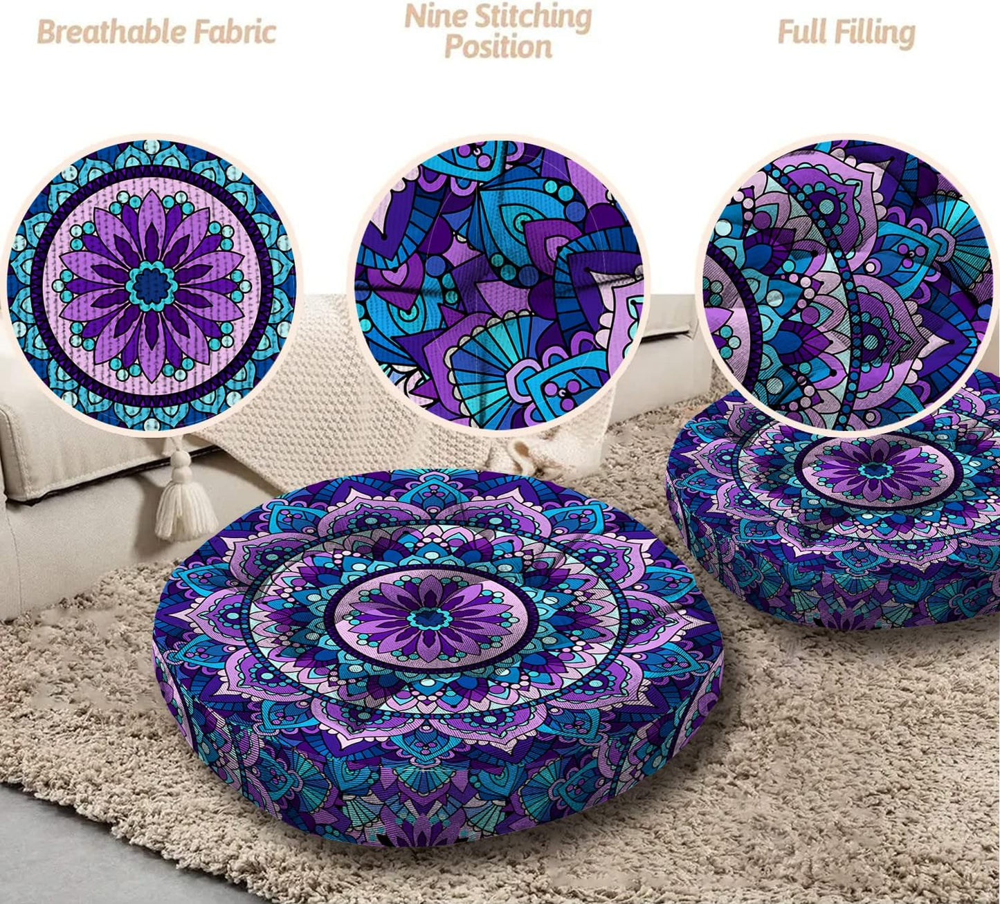 Mandala Meditation Cushion, Boho Meditation Mat, Meditation Pillows for Sitting on Floor, Cushions for Sitting in Home and Outdoor, Square Floor Pillow Cushion Seating for Yoga Accessories 22'' X 22''