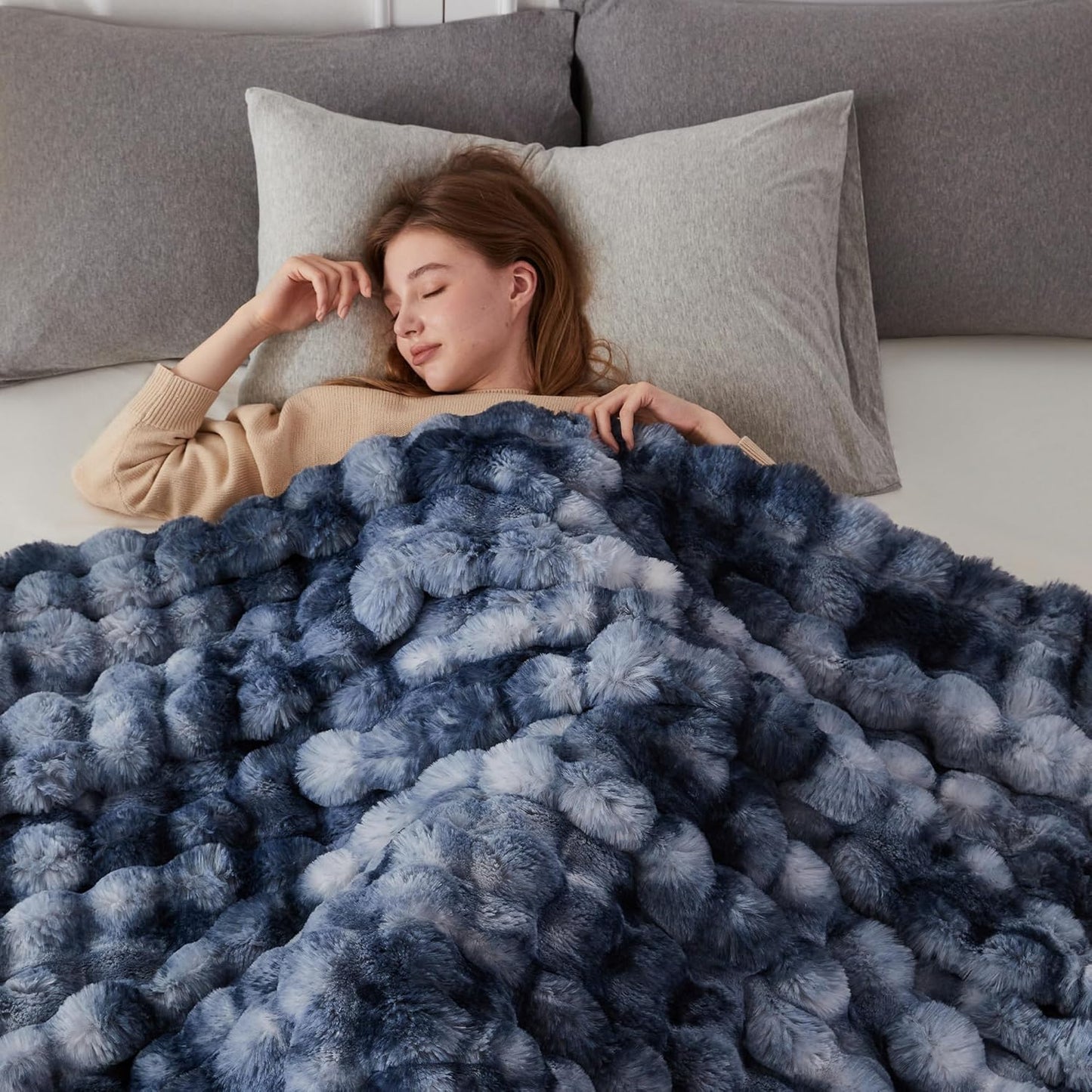 COOVA Faux Fur Throw Blanket for Couch, Cozy Soft and Fuzzy Plush Rabbit Fur Bubble Blanket for Sofa Bedroom Living Room, 50x60 Inches Tie Dye Brown
