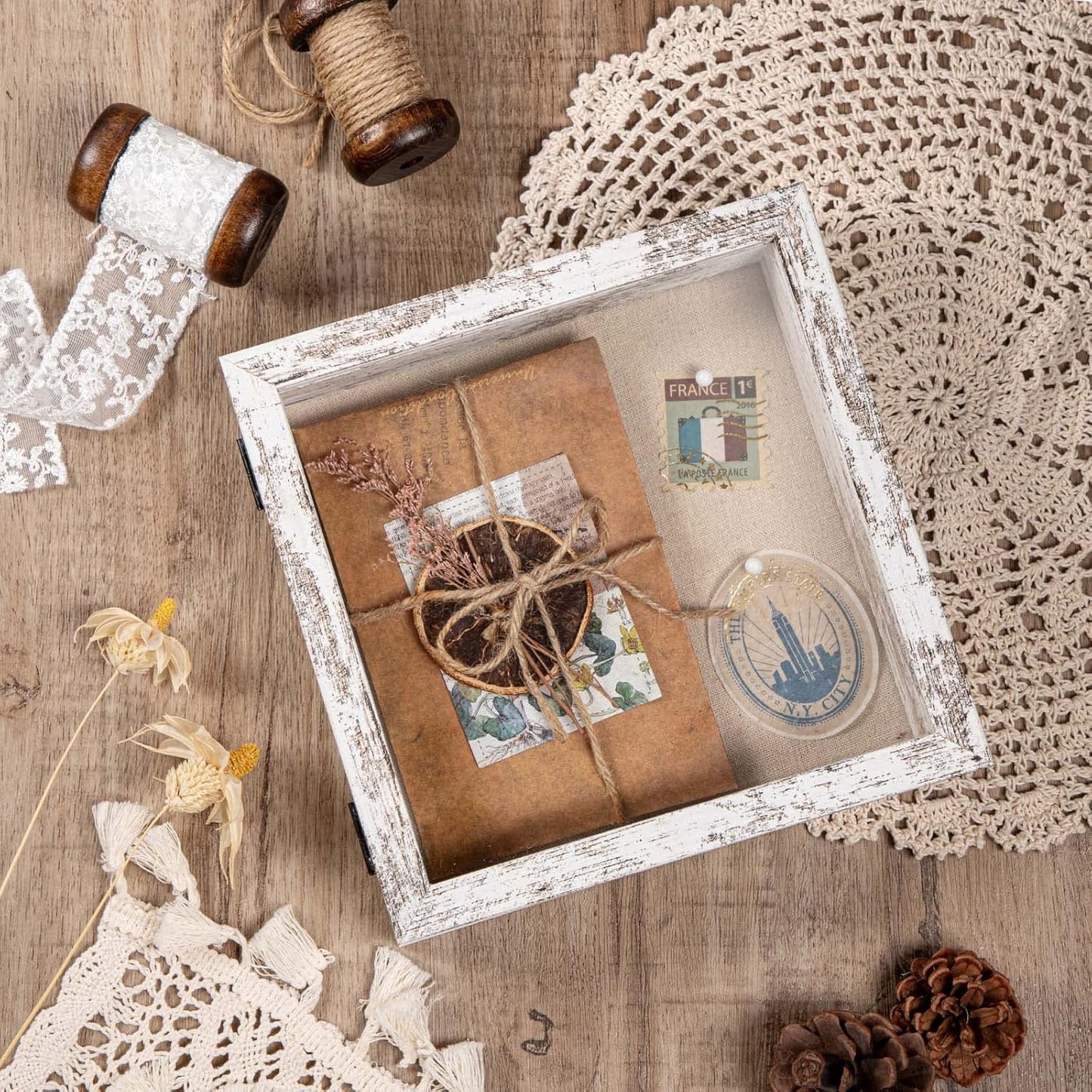 Califortree 8x10 Shadow Box Frame with Linen Back - Sturdy Rustic Memory Display Case of Flower, Pictures, Medals and More, White