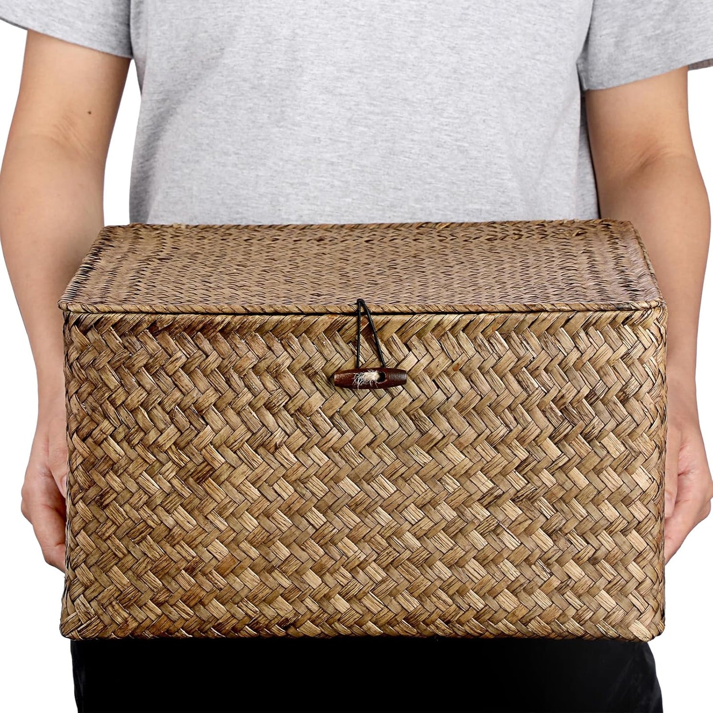 Hipiwe Seagrass Basket with Lid Wicker Storage Basket Square Handwoven Decorative Baskets Box for Shelf Multipurpose Household Baskets Home Decor,X-small