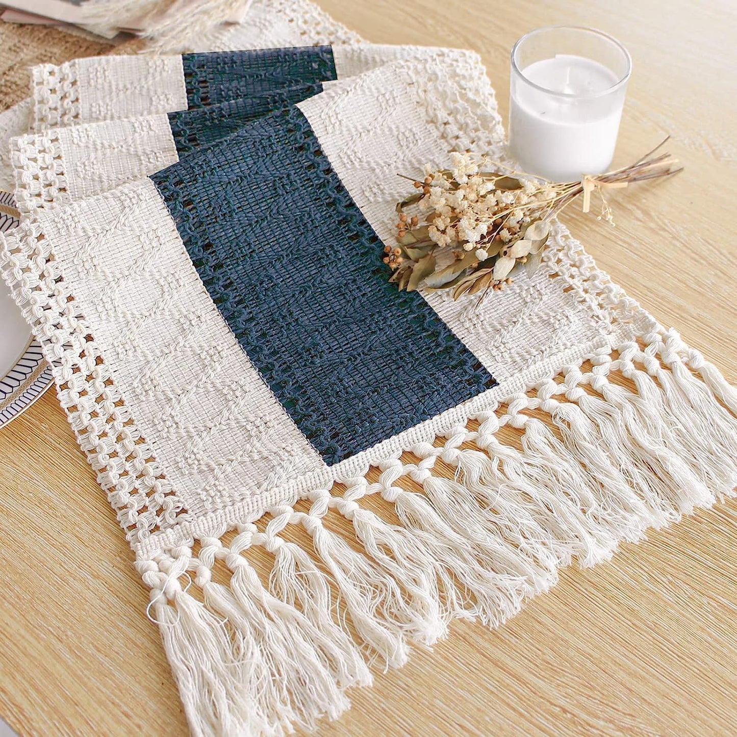 FEXIA Boho Table Runner for Thanksgiving Fall Christmas Home Decor with Tassels 72 Inches Long Pottery barn Furniture Farmhouse Rustic Macrame Burlap Table Decoration for Living Room (12x72 Inches)