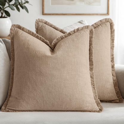MIULEE Decorative Throw Pillow Covers Neutral Linen Fringe Throw Pillows Set of 2 Natural Beige Boho Farmhouse Cushion Covers with Tassels for Couch Sofa Bed Spring Home Decor 20x20 Inch