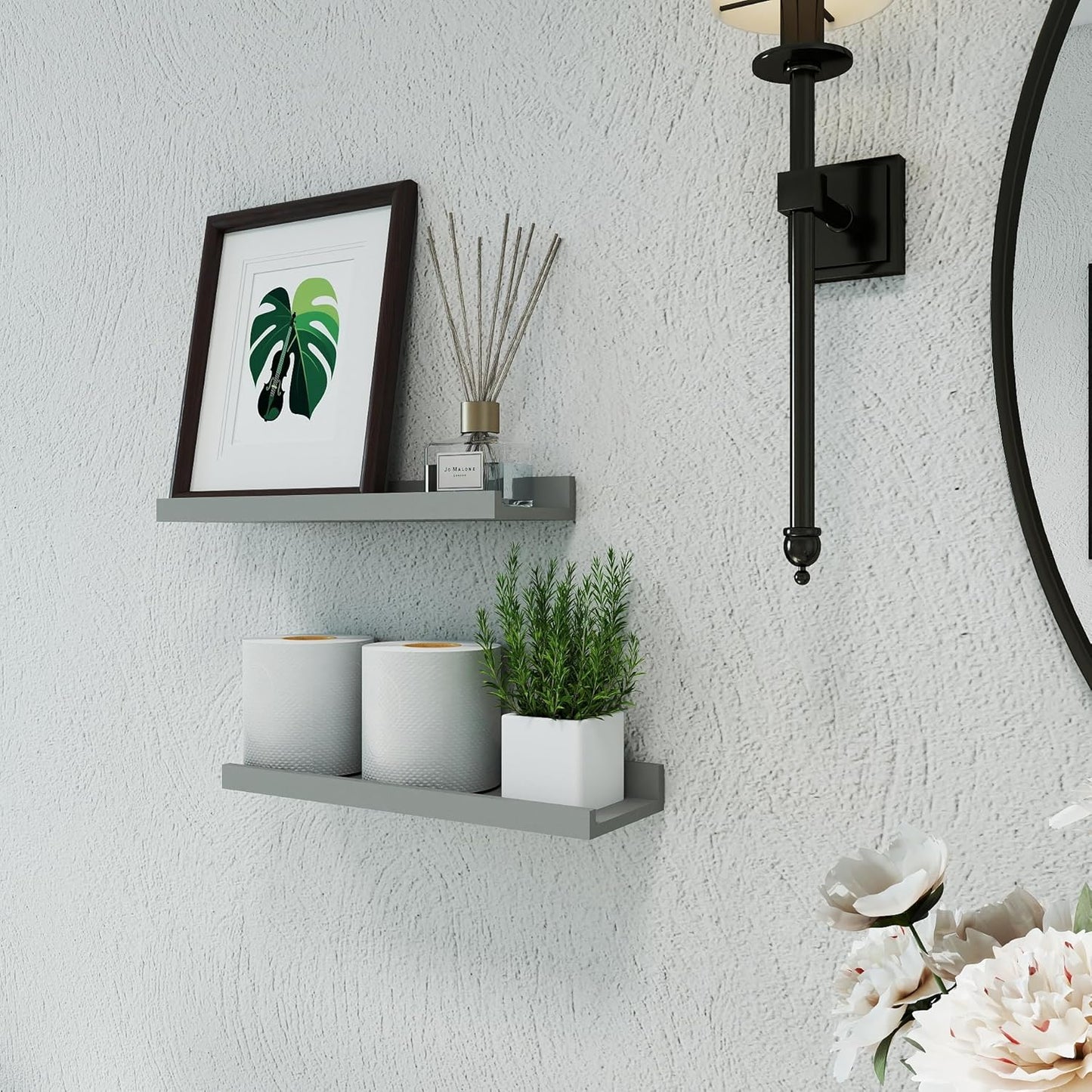 White Floating Shelves for Wall Decor, Wall Mounted Wood Storage Shelf for Bedroom, Living Room, Bathroom, Kitchen, Nursery, Display Picture Ledge Shelf with Lip Set of 2-14 Inches, White