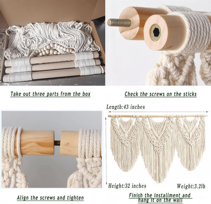 oiikain Large Handmade Boho Macrame Wall Hanging Tapestry - Chic Bohemian Woven Home Decor art for Living Room, Bedroom, and Wedding Parties (Beige, twelve rhombus)