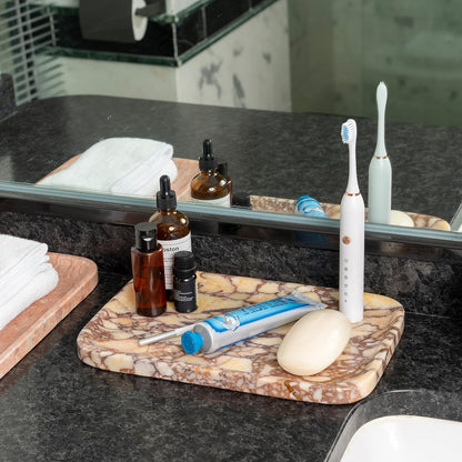 Marble Vanity Tray for Dresser Organizer, Travertine Bathroom Tray Countertop, Beige Decorative Serving Trays, Kitchen Sink Storage, Jewelry & Perfume Holder(Travertino Romano)