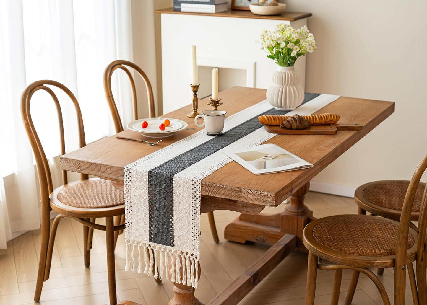 FEXIA Boho Table Runner for Thanksgiving Fall Christmas Home Decor with Tassels 72 Inches Long Pottery barn Furniture Farmhouse Rustic Macrame Burlap Table Decoration for Living Room (12x72 Inches)