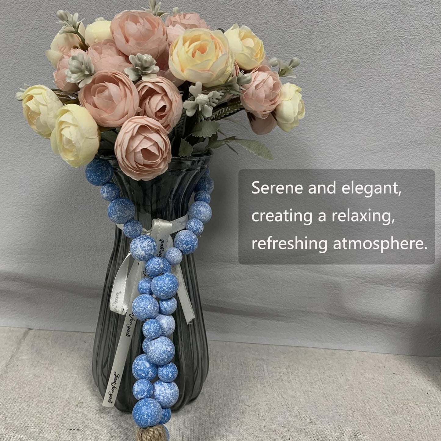 Handcrafted Farmhouse Wooden Decorative Beads Garland, Table Tray Boho Wood Beads with Tassel, Small Rustic Antique Decor for Home and Events (32" Rustic Blue)