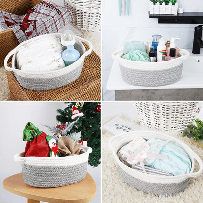 ABenkle Small Basket with Handles, Boho Decorative Rope Woven Dog Cat Toy Storage Bin Shelf Storage Organizer, Easter Christmas Gift Basket, 12"x8"x5", White