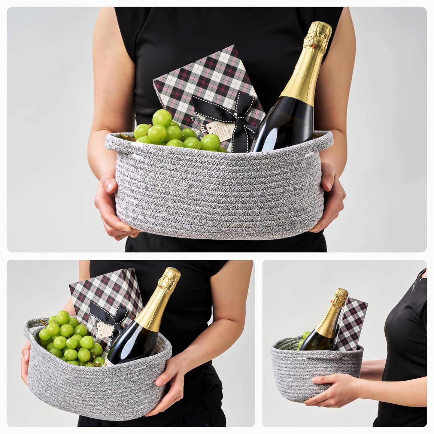 Small Woven Gift Basket Empty with Bag & Ribbon - Gifts for Mom, Baby Shower, Birthdays & Raffle - Cotton Rope Storage Basket for Dog Toys or Shelf - 12"x8"x5", White