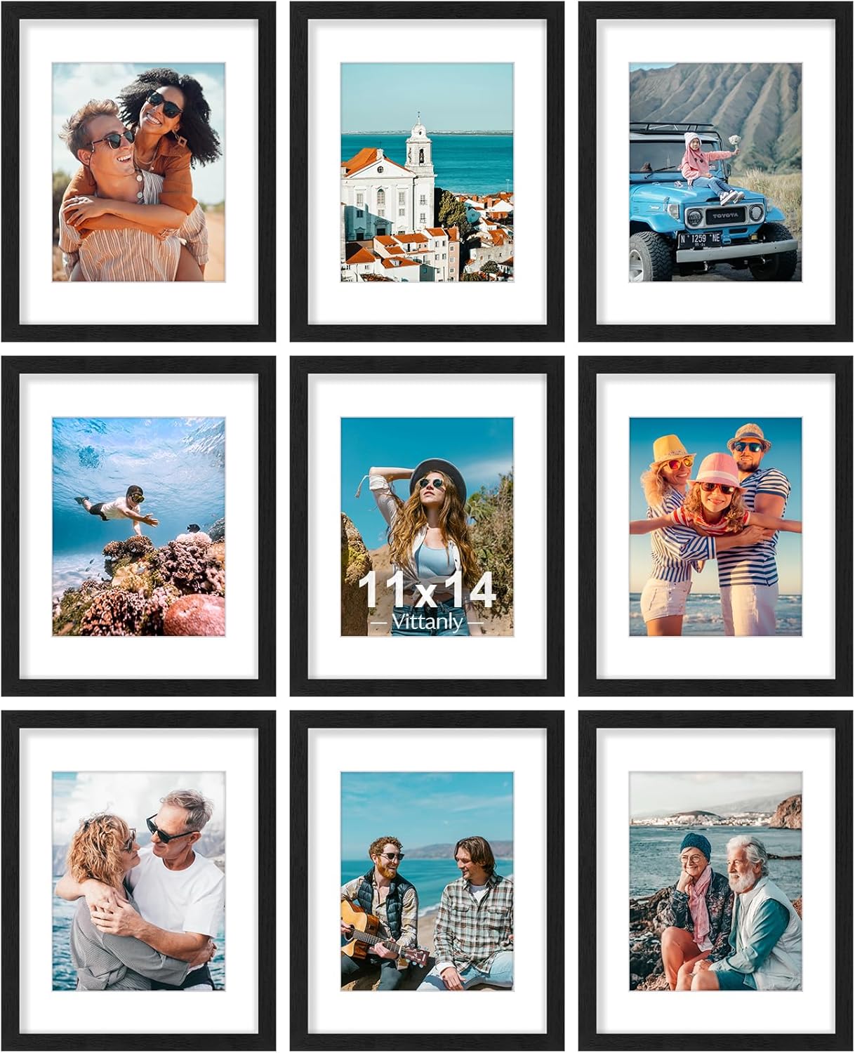 Vittanly 8x10 Picture Frames Set of 9, Shatter Resistant Plexiglass, Display 5x7 Pictures with Mat or 8x10 without Mat, Photo Frames for Wall or Tabletop, Engineered Wood, Black - Colors A