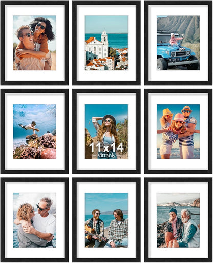 Vittanly 8x10 Picture Frames Set of 9, Shatter Resistant Plexiglass, Display 5x7 Pictures with Mat or 8x10 without Mat, Photo Frames for Wall or Tabletop, Engineered Wood, Black - Colors A