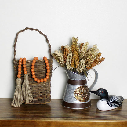 CVHOMEDECO. Wood Beads Garland with Tassels Farmhouse Rustic Wooden Prayer Bead String Wall Hanging Accent for Home Festival Decor. Mix Distressed